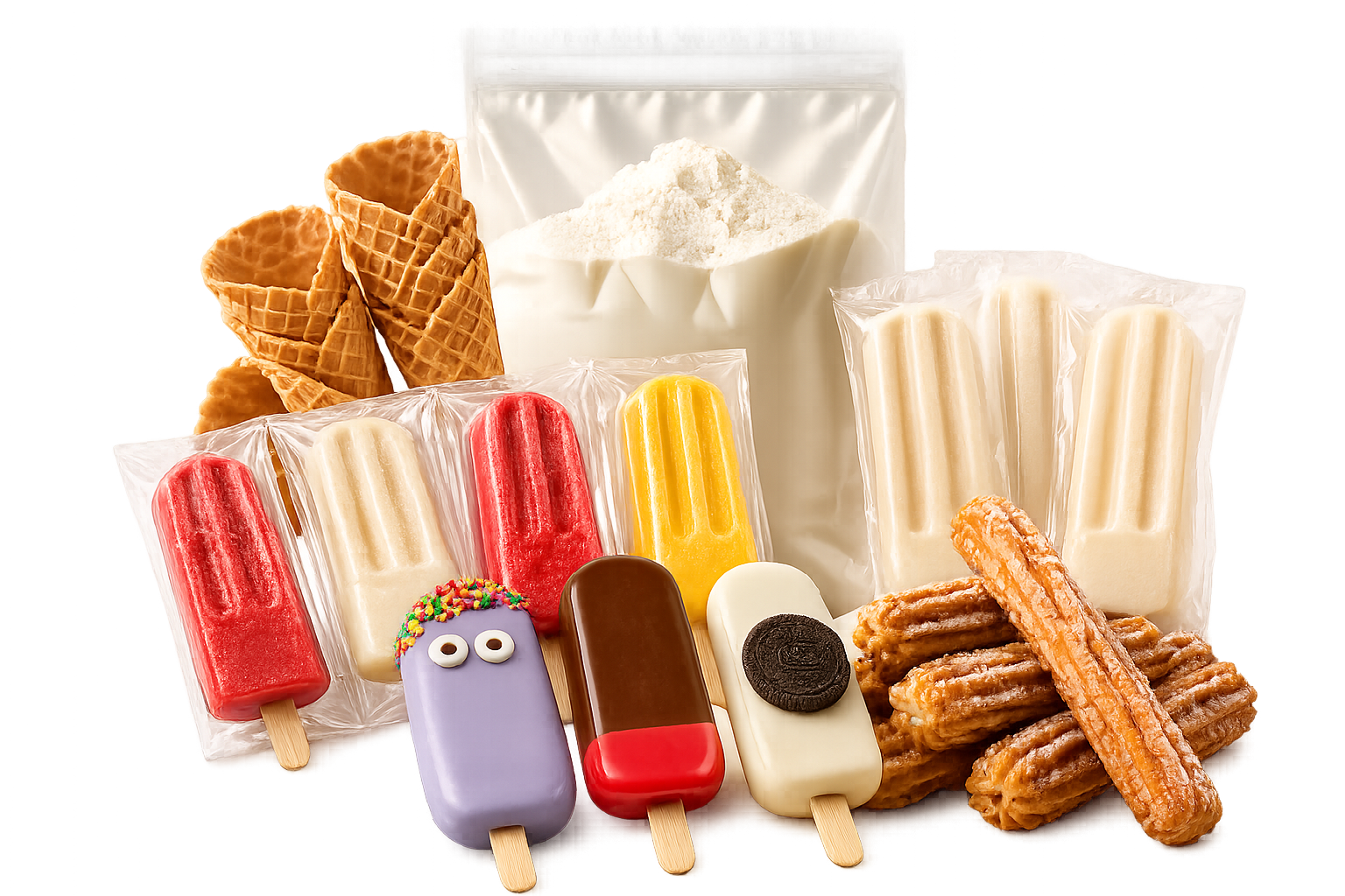 Productos comerciales Helados La Vecina: bases para helado, frappé, paletas, helados envasados, conos y churros